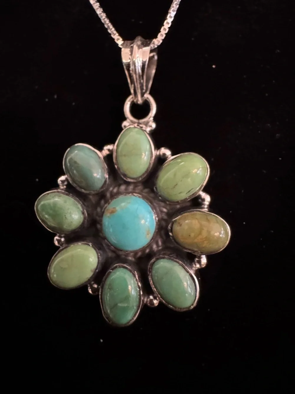 Sterling Silver Green Turquoise Flower Pendant Necklace - Picture 5 of 5